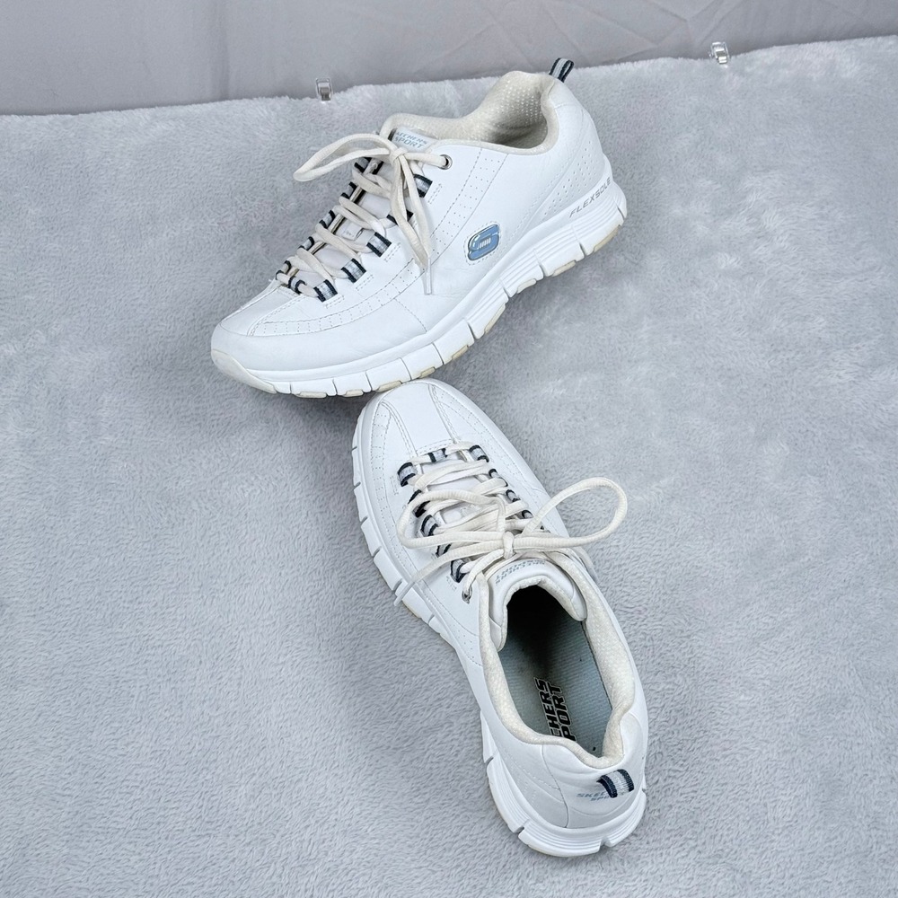 Skechers Sport Flex Sole Sneakers Womens 10 White Leather‎ Walking Shoes Lace Up